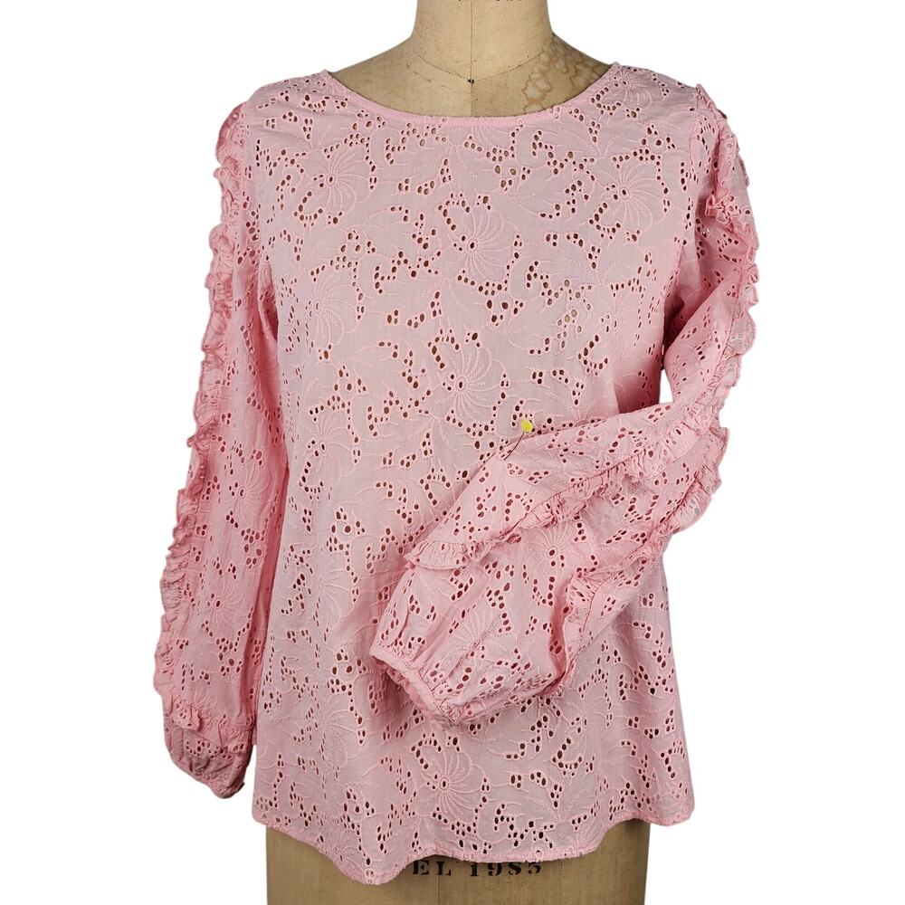 Top pink eyelet lace ruffled gathered sleeve cottage spring romantic M